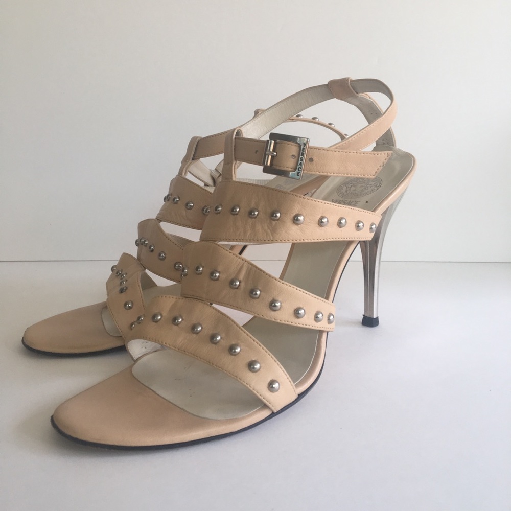 Versace tan studded high heel strappy sandal